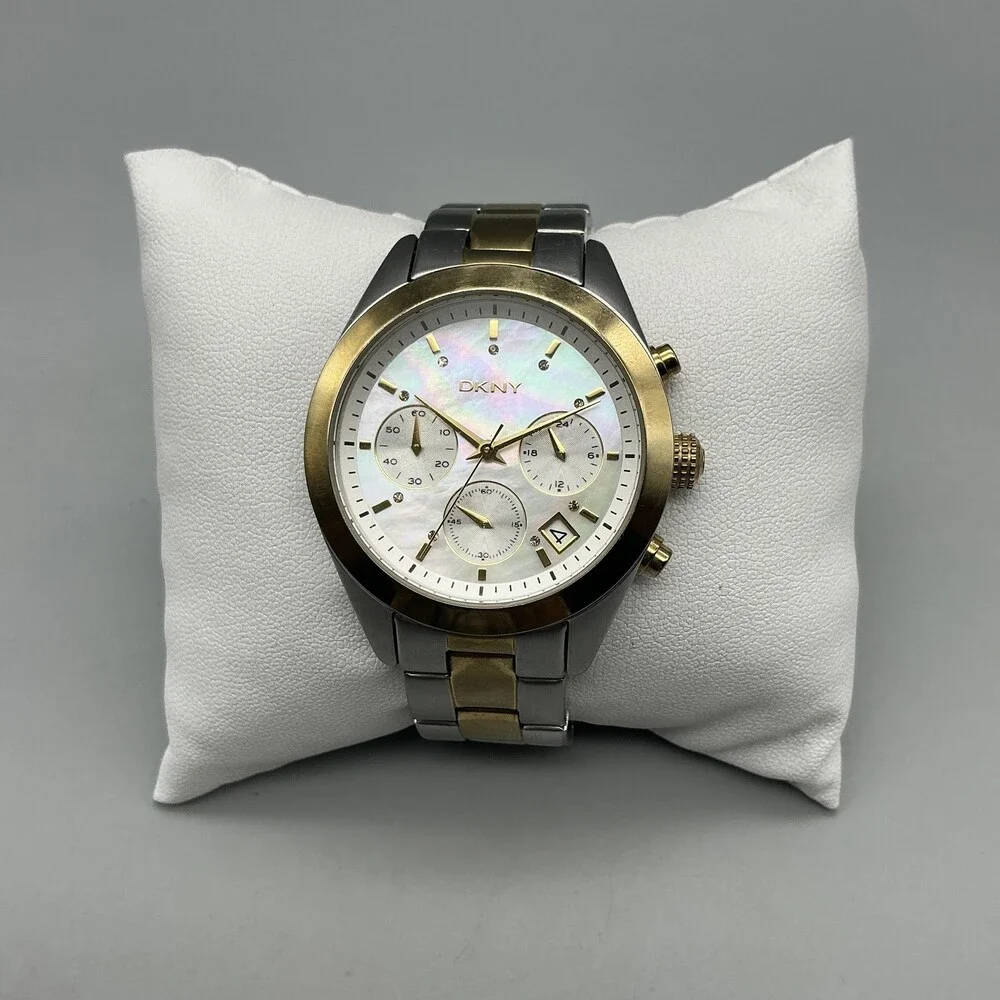 DKNY NY-8607 Womens Watch 38mm White MOP Dial Chronograph Date New Battery 7